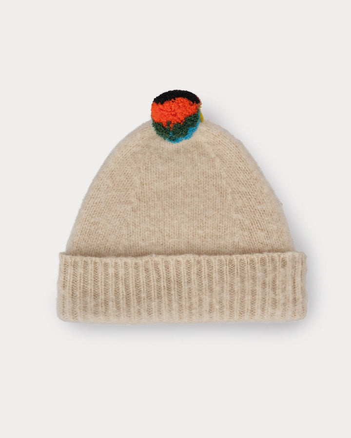 JG Brushed Plain Hat Stripe Pompom Oatmeal