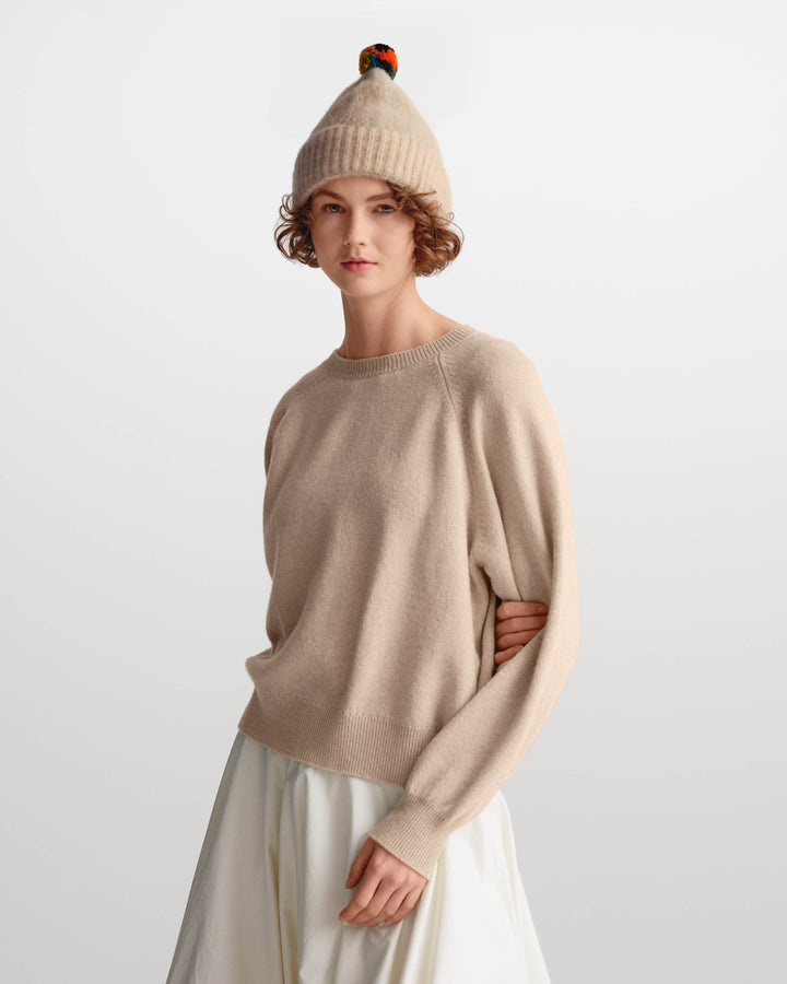 JG Brushed Plain Hat Stripe Pompom Oatmeal
