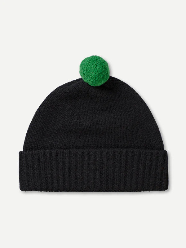 JG Plain Pompom Hat Contrast Pompom Black & Pagoda