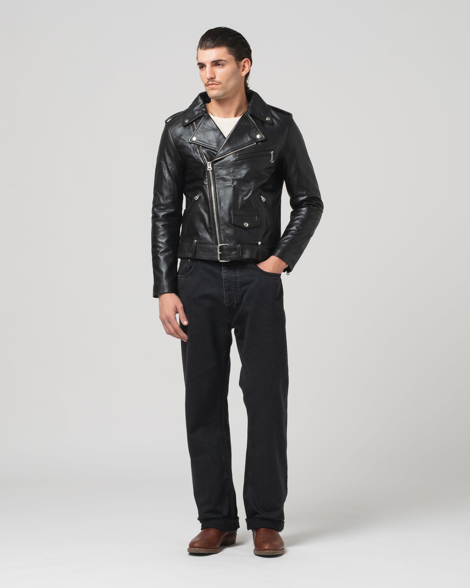 x Shangri-La Heritage Perfecto OFTR Teacore Leather Jacket Black