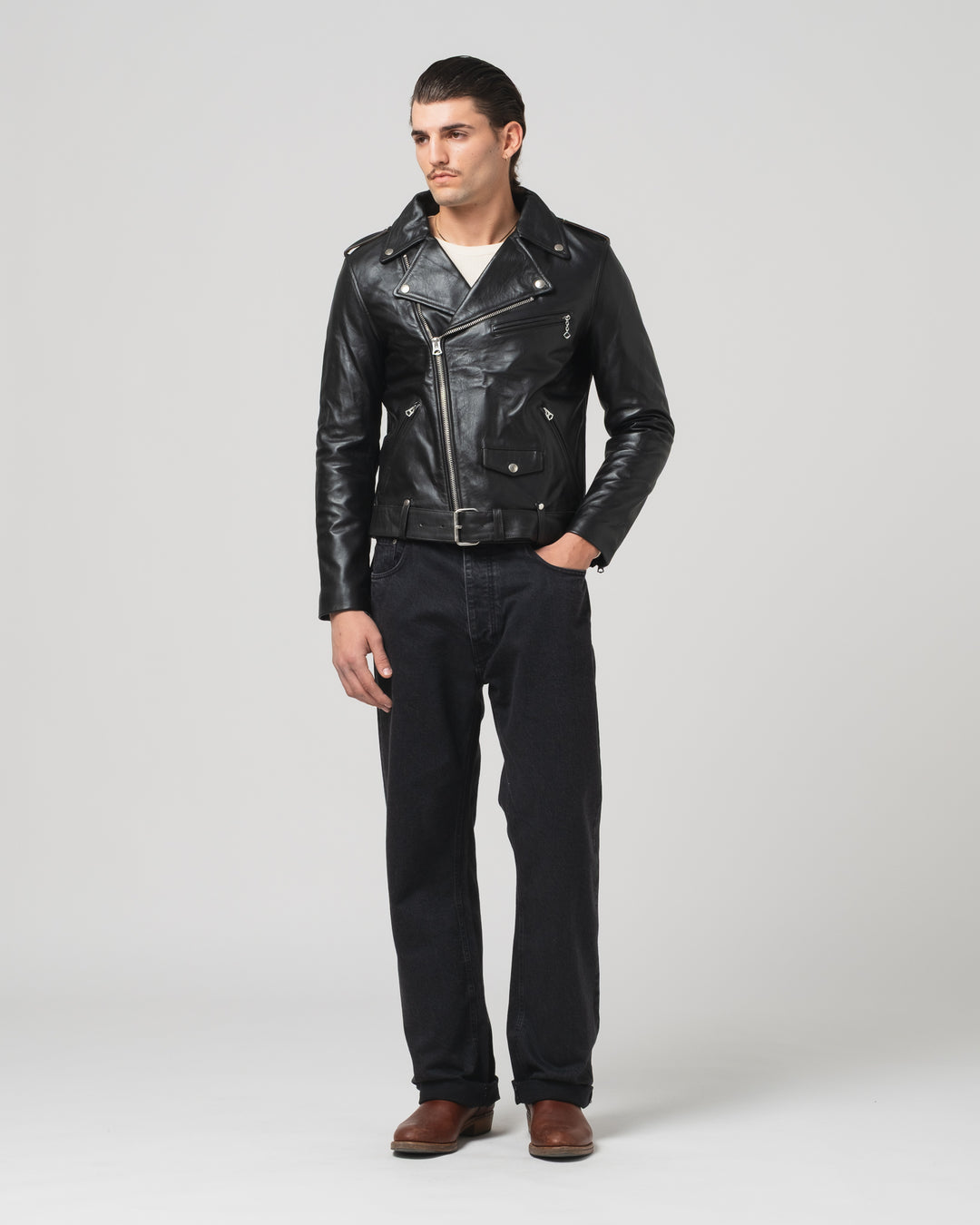 x Shangri-La Heritage Perfecto OFTR Teacore Leather Jacket Black