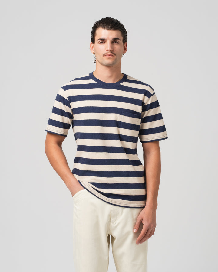 Pocket T Stripe Cotton Linen India Blue/Wheat