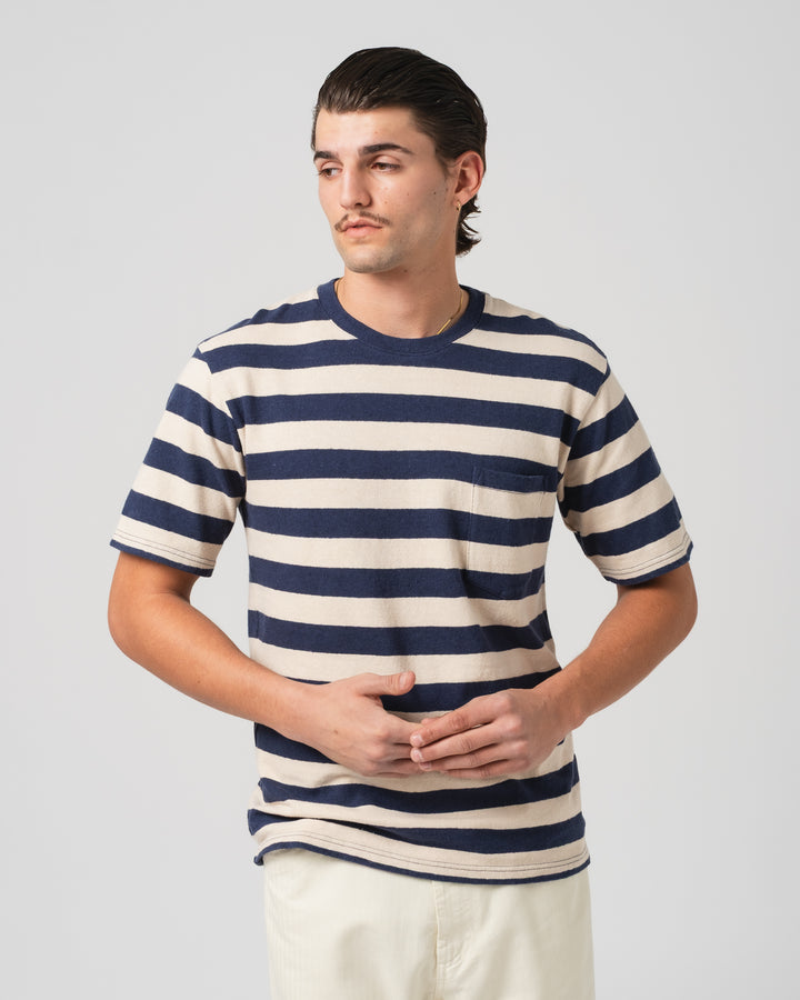 Pocket T Stripe Cotton Linen India Blue/Wheat