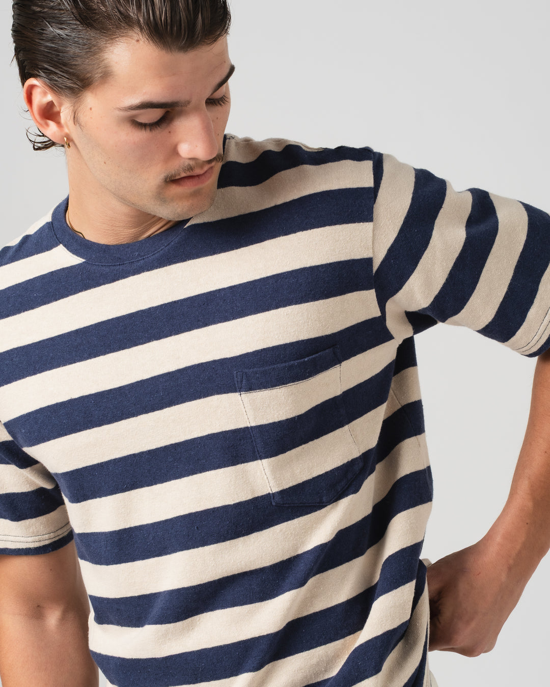 Pocket T Stripe Cotton Linen India Blue/Wheat