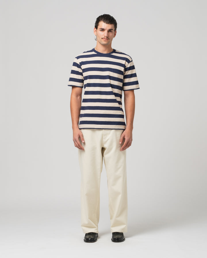 Pocket T Stripe Cotton Linen India Blue/Wheat