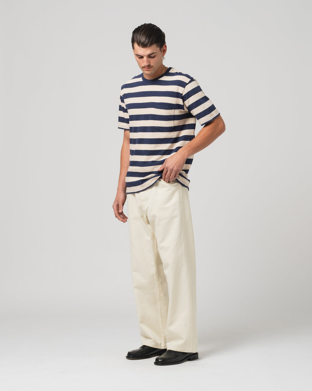 Pocket T Stripe Cotton Linen India Blue/Wheat
