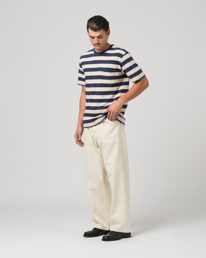 Pocket T Stripe Cotton Linen India Blue/Wheat