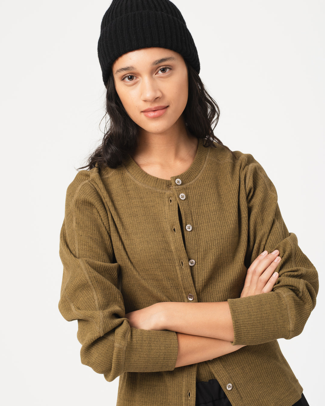 G.o.D Button Down Top Military Rib Jersey Olive