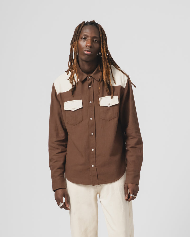 ウェスタンシャツ スラブコットン ジャバブラウン/ホワイト
