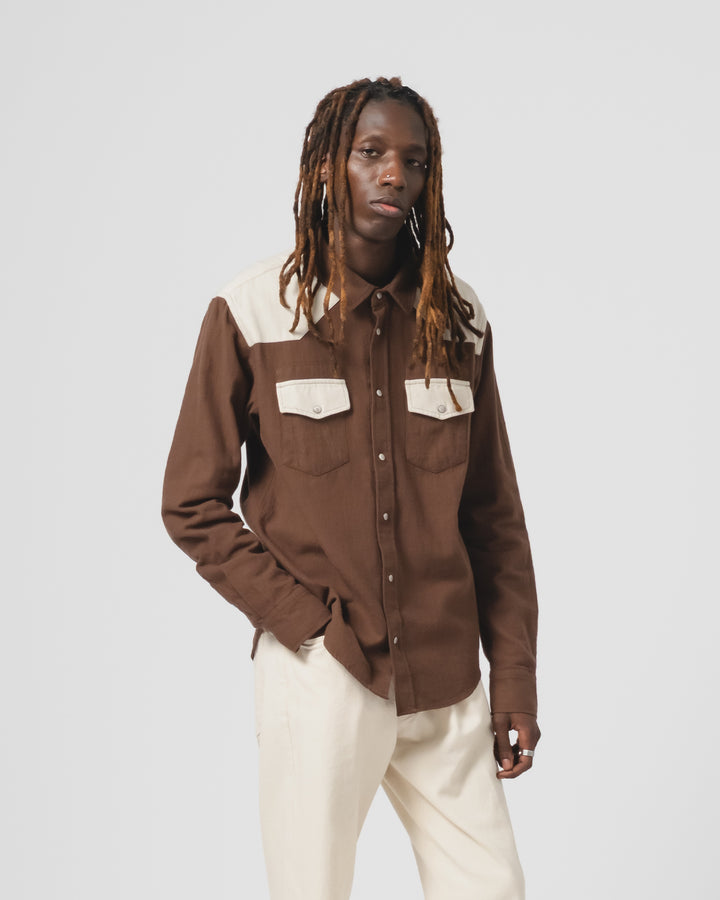 ウェスタンシャツ スラブコットン ジャバブラウン/ホワイト
