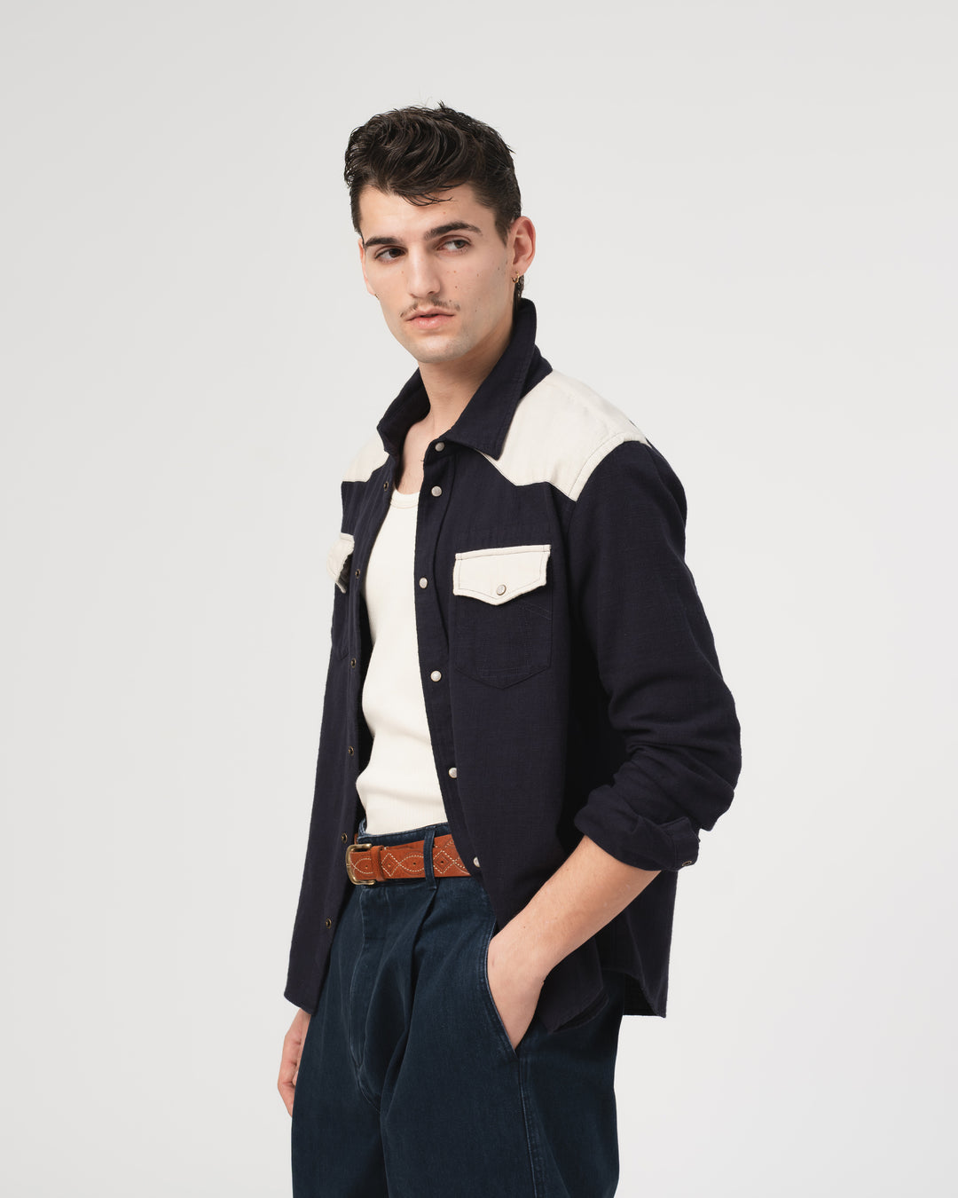 Western Shirt Slub Cotton Navy/Offwhite