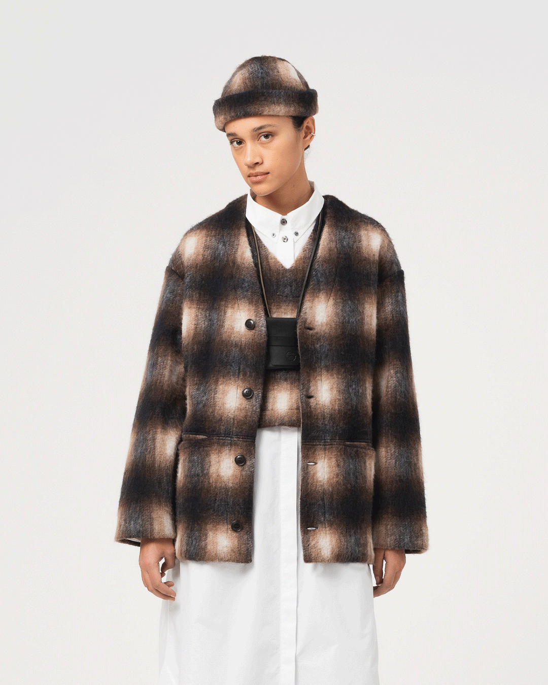 Basic Cardigan Felted Check Sepia/Cream