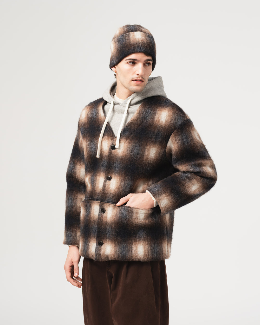 Basic Cardigan Felted Check Sepia/Cream