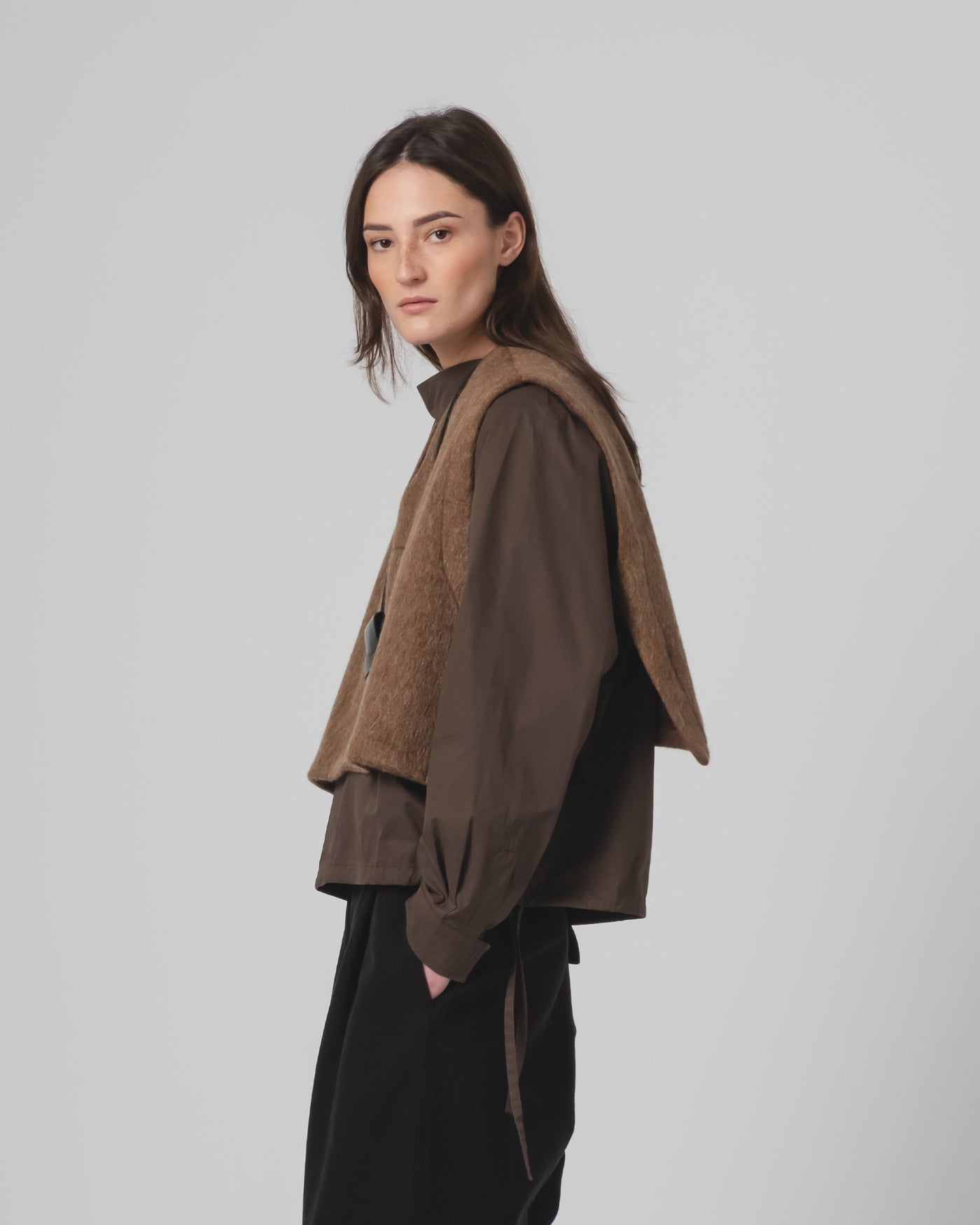 G.o.D Vee Vest Mohair Fleece Java Brown