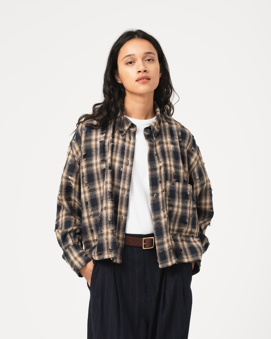 G.o.D Cubic Shirt Cobain Check Navy/Wheat