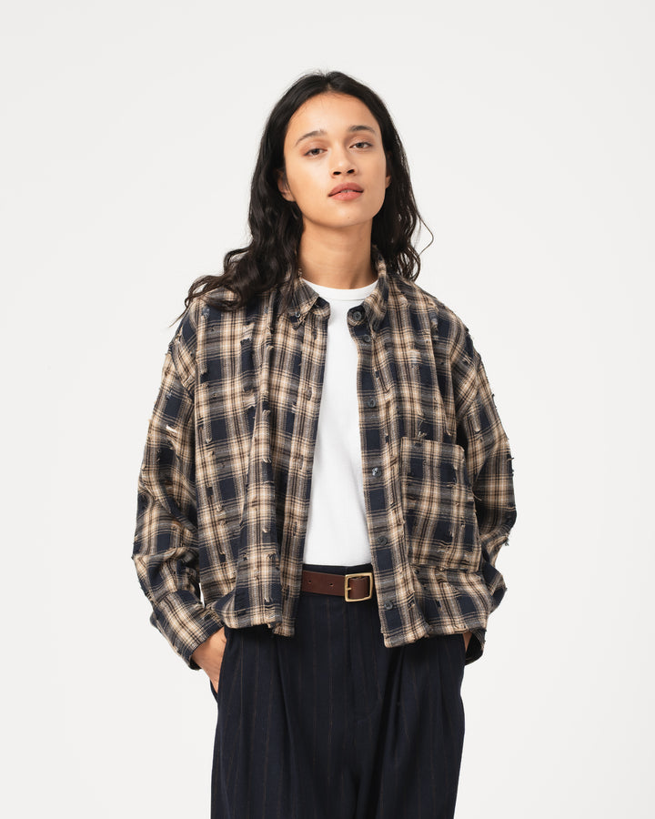 G.o.D Cubic Shirt Cobain Check Navy/Wheat