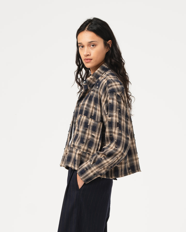 G.o.D Cubic Shirt Cobain Check Navy/Wheat