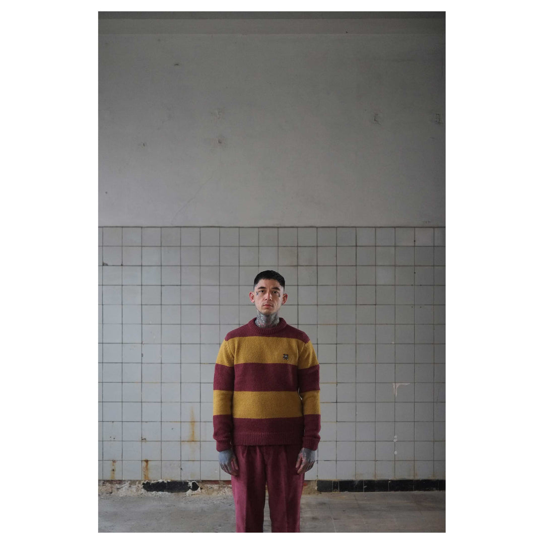 Crew Neck Sweater Stripe Mohair Bordeaux/Yellow