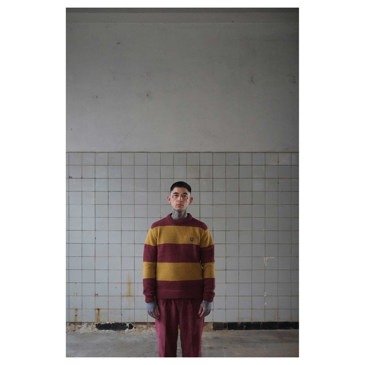 Crew Neck Sweater Stripe Mohair Bordeaux/Yellow