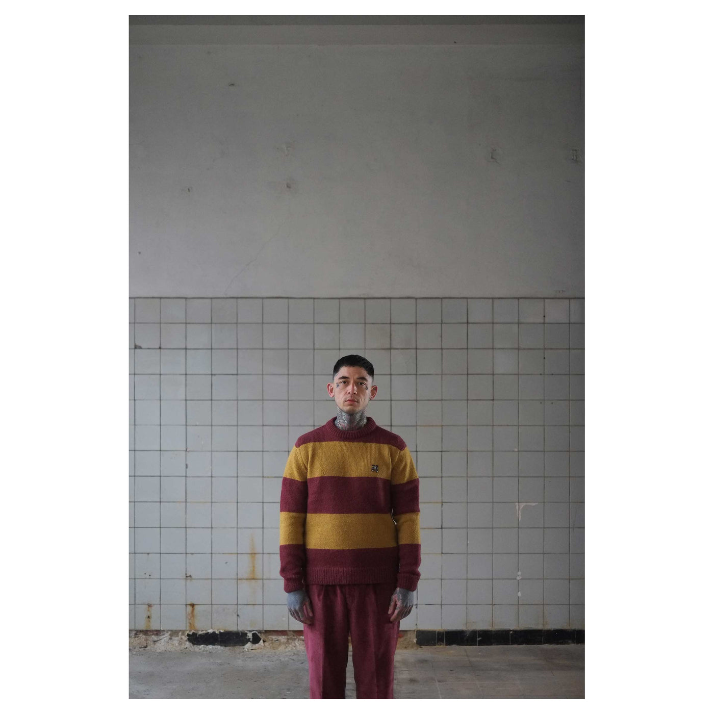 Crew Neck Sweater Stripe Mohair Bordeaux/Yellow