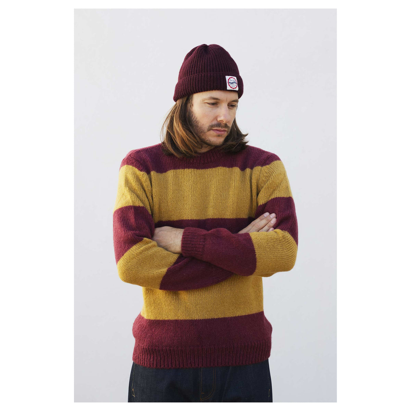 Crew Neck Sweater Stripe Mohair Bordeaux/Yellow