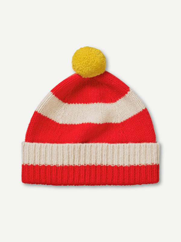 JG Stripe Pompom Hat Poppy & Oatmeal